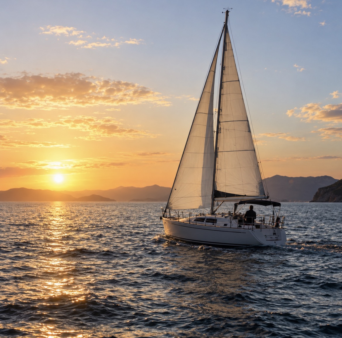 Un voilier naviguant sur la mer au soleil couchant devant une côte montagneuse