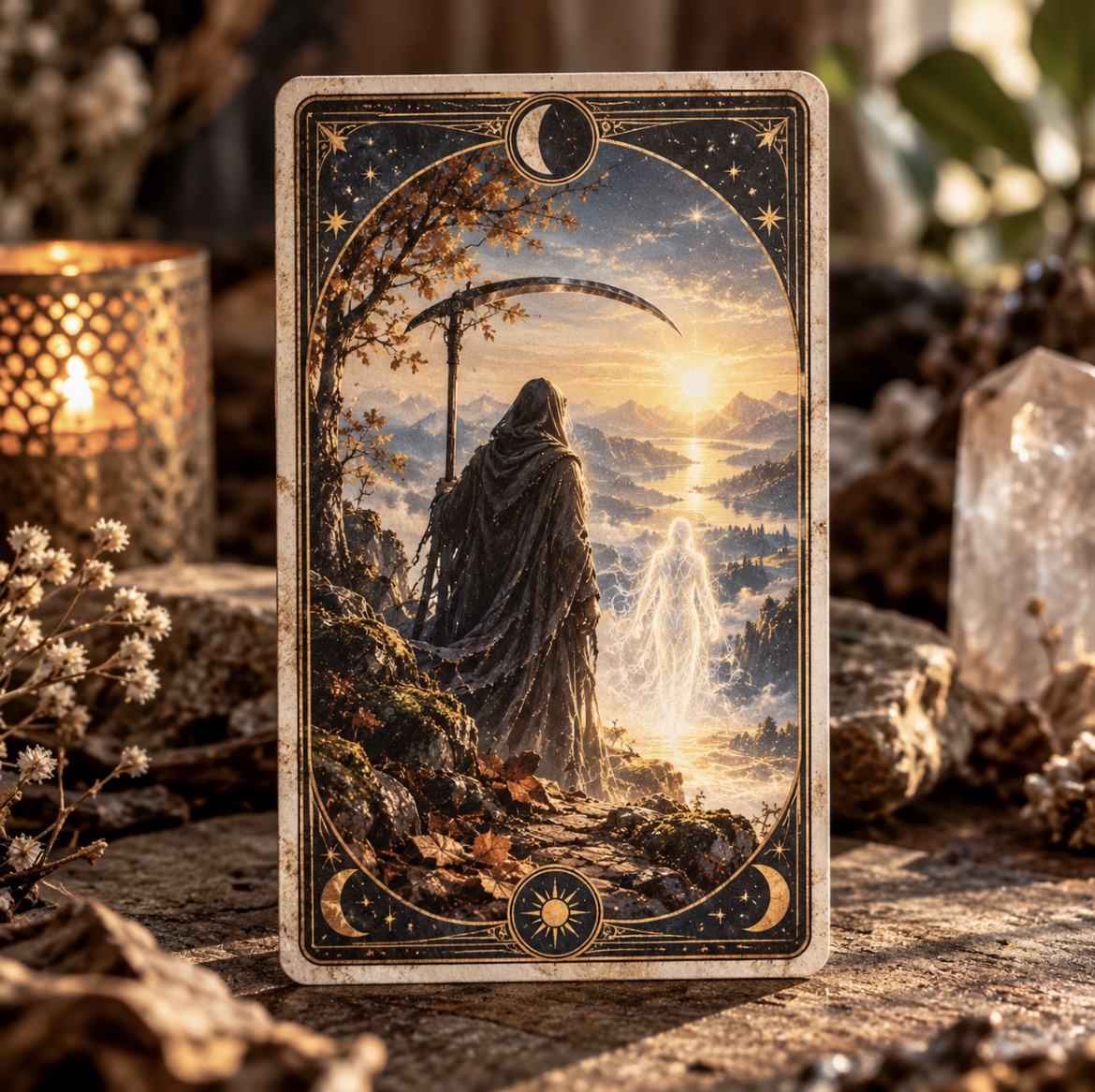 Carte oracle sans texte représentant le passage et la continuité de conscience, posée dans un décor naturel avec une bougie et un cristal.