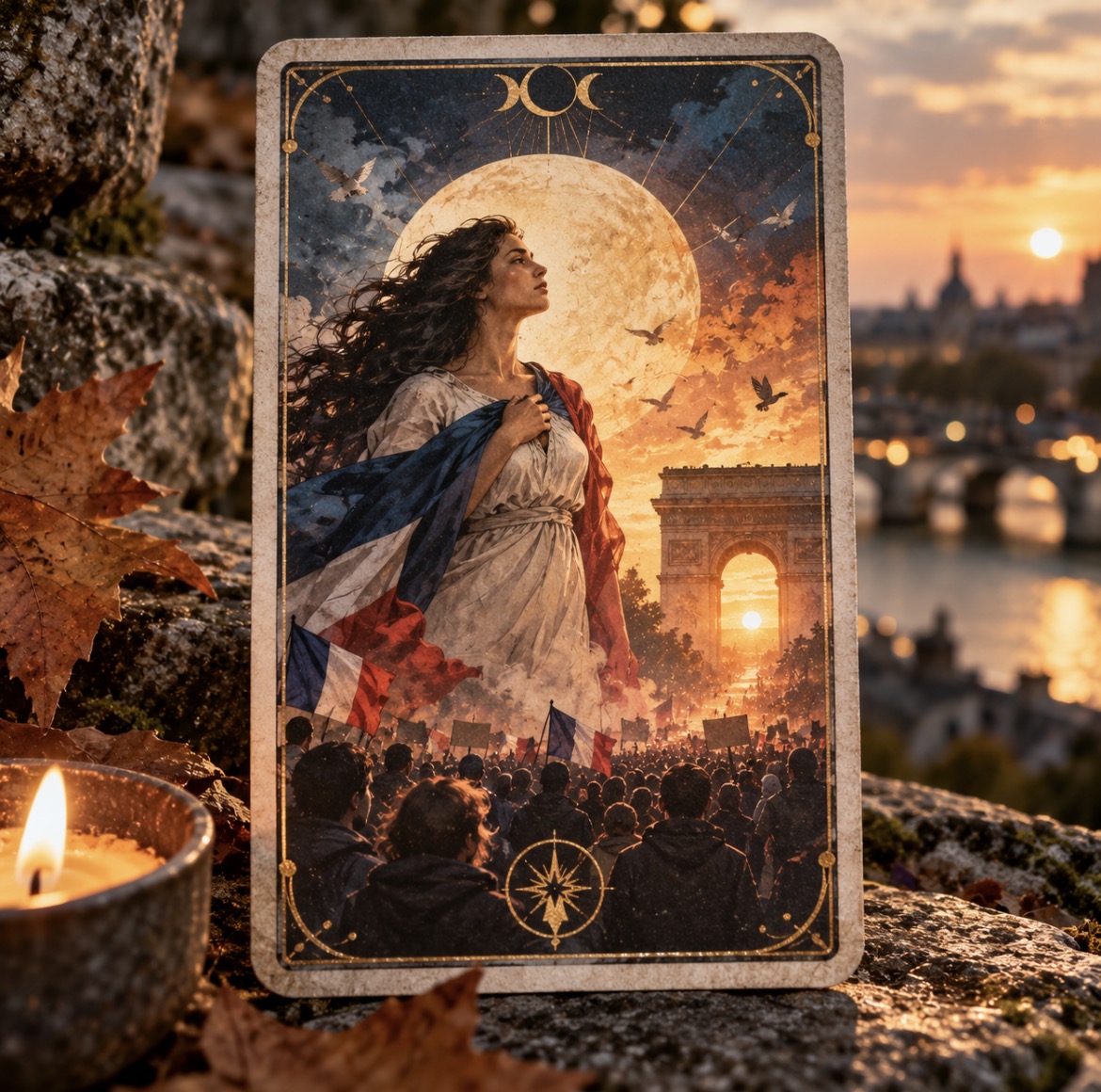 Carte d’oracle illustrée d’une figure drapée de bleu, blanc et rouge devant une foule et l’Arc de Triomphe, posée dans un décor automnal au coucher du soleil.