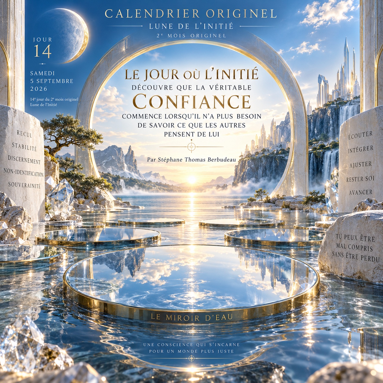Le Miroir d’Eau : des bassins reflètent le ciel au pied d’une arche lumineuse, symbole de discernement et de confiance intérieure
