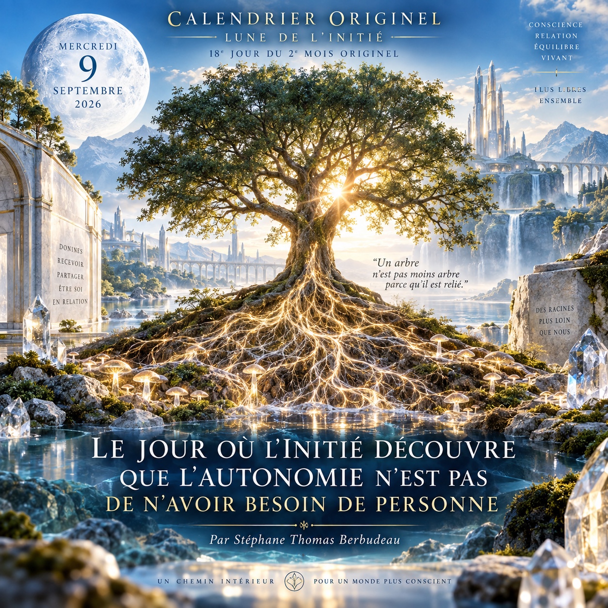 Un arbre aux racines lumineuses reliées au mycélium : autonomie, soutien et interdépendance
