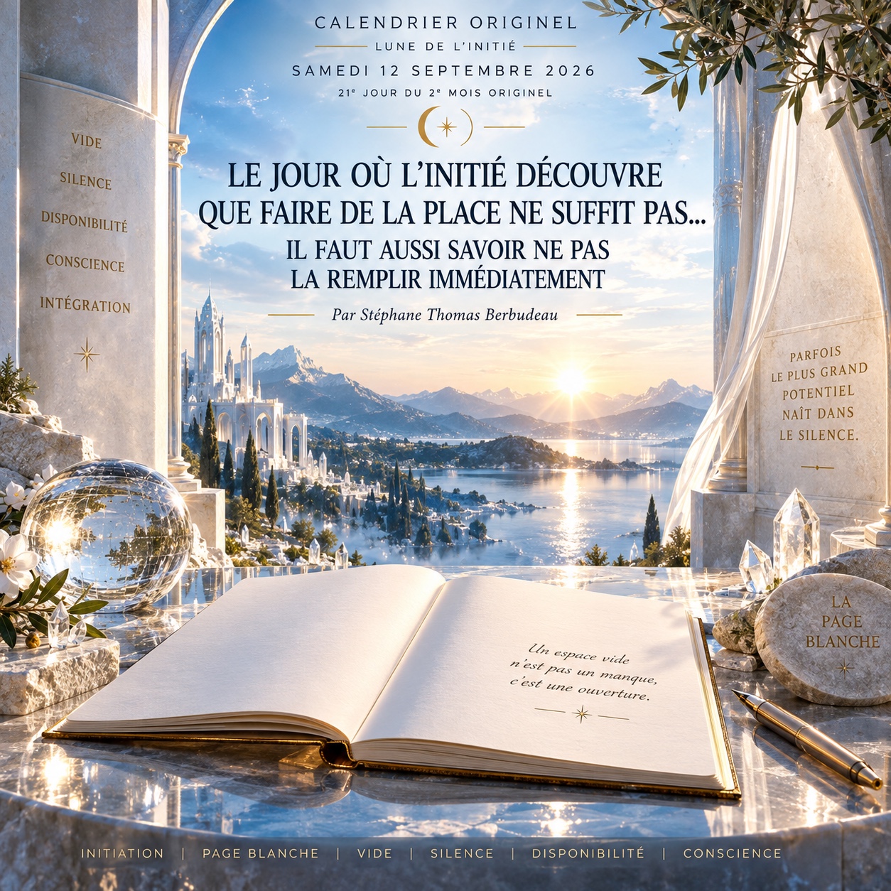 Un livre ouvert sur une page blanche face à un paysage lumineux : silence et disponibilité