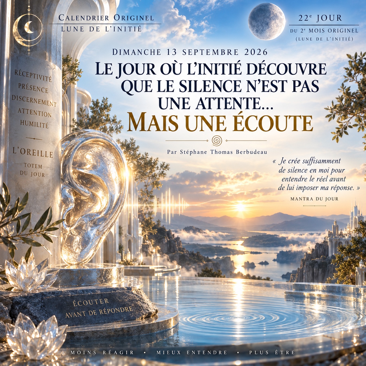 Une oreille de cristal face à un paysage lumineux, symbole de présence et d’écoute