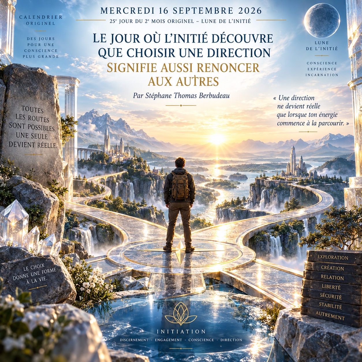 Un voyageur au carrefour de plusieurs chemins dans un paysage lumineux