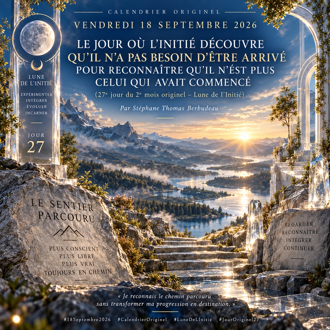 Le Sentier Parcouru, un escalier de pierre au-dessus d’un paysage de montagnes et de lacs