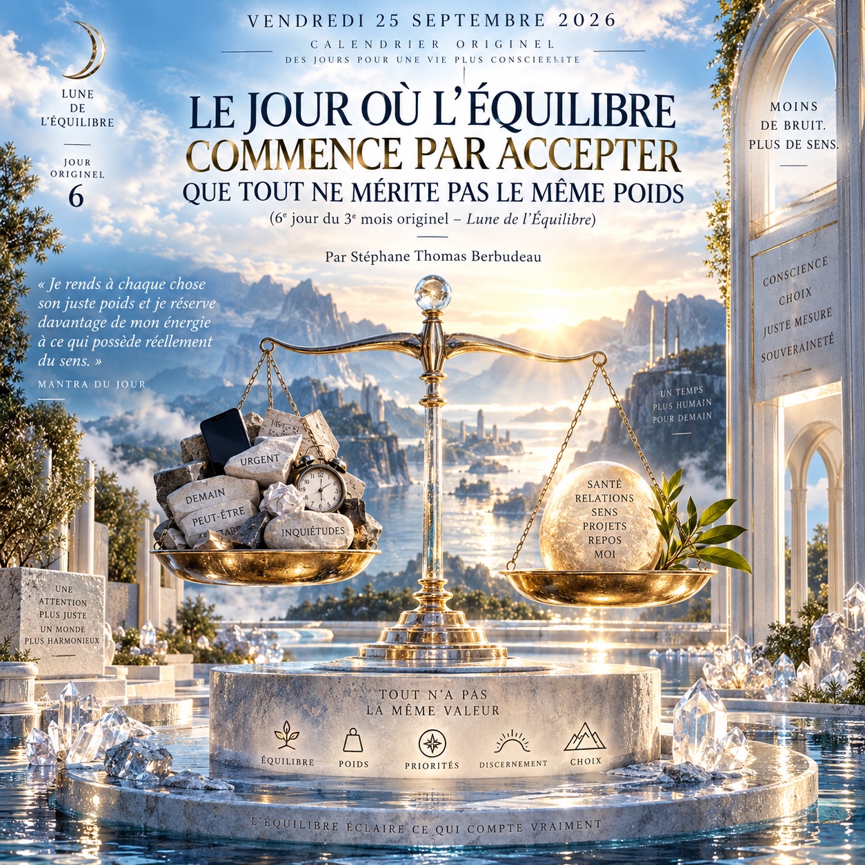 Une balance dorée oppose les sollicitations urgentes aux valeurs essentielles dans un paysage lumineux