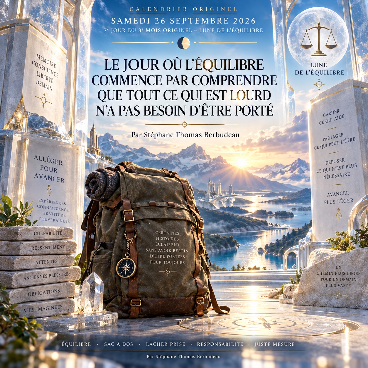 Un sac à dos posé devant un paysage lumineux, entouré de pierres évoquant les charges à déposer