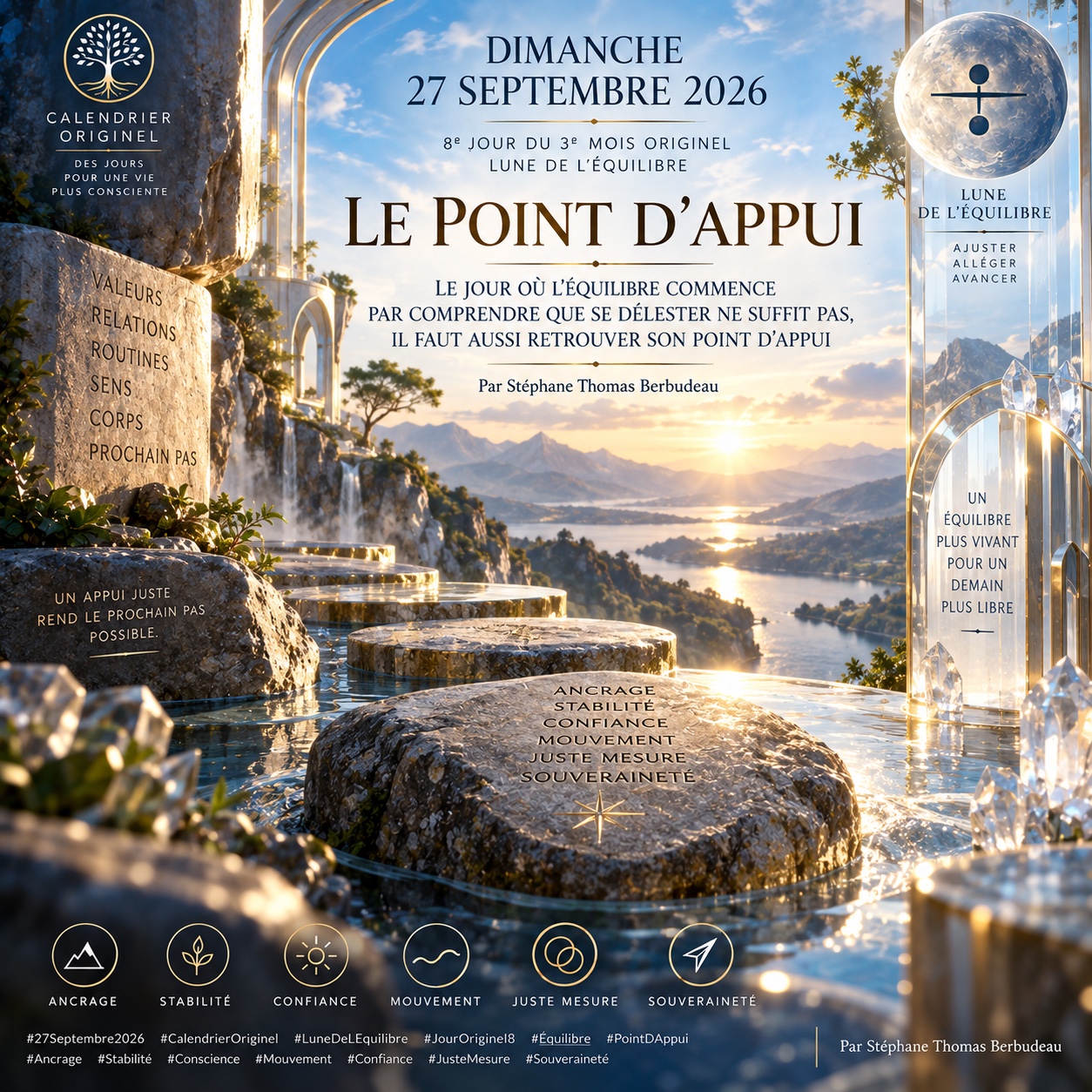 Des pierres d’appui au bord de l’eau dans un paysage lumineux, symbole d’ancrage et de mouvement