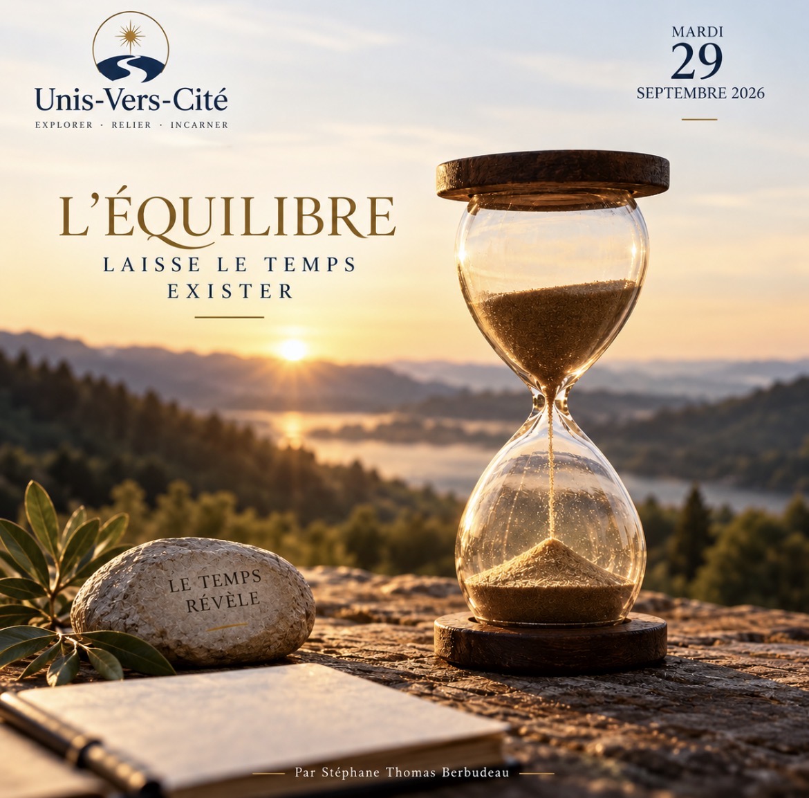 Un sablier dans la lumière du couchant, devant un paysage paisible, rappelle que le temps révèle le nouvel équilibre