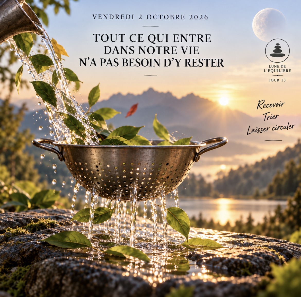 Une passoire laisse circuler l’eau et les feuilles dans la lumière du couchant, symbole du tri et de la légèreté
