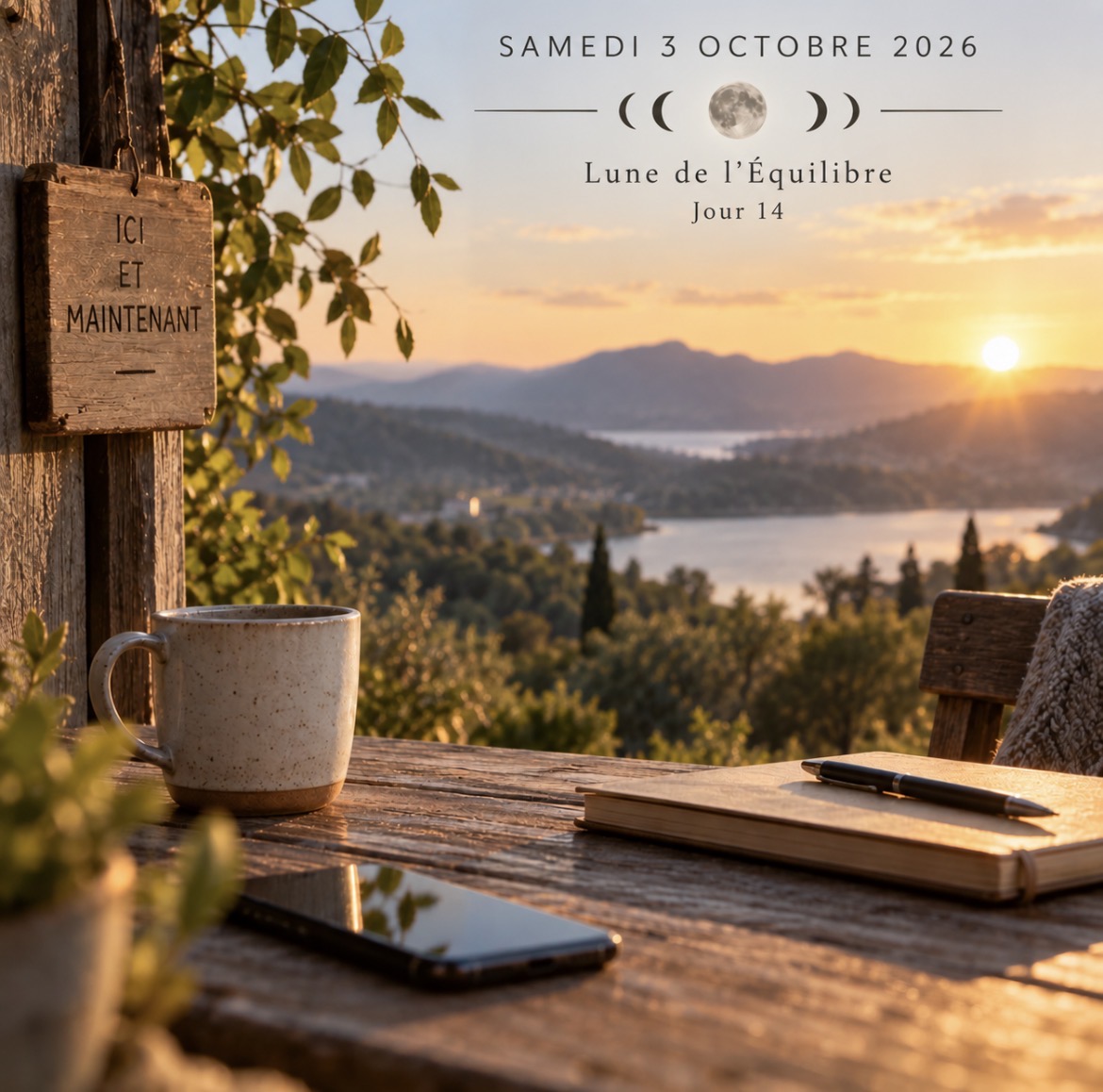 Un téléphone posé à l’écart d’un carnet et d’une tasse sur une terrasse, devant un paysage calme au couchant