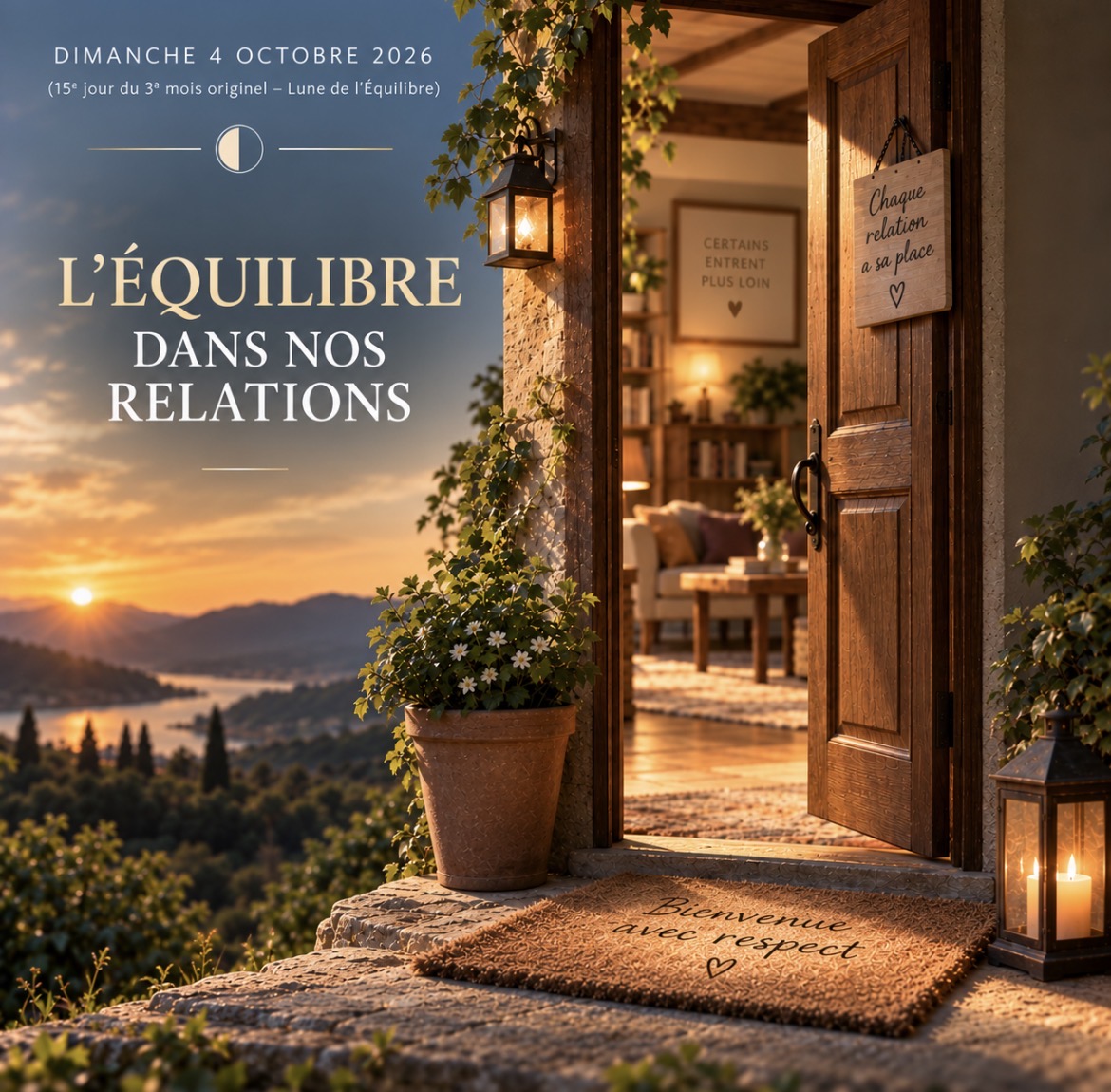 Une porte de maison ouverte sur un salon chaleureux, avec un paysage au soleil couchant et l’inscription L’équilibre dans nos relations