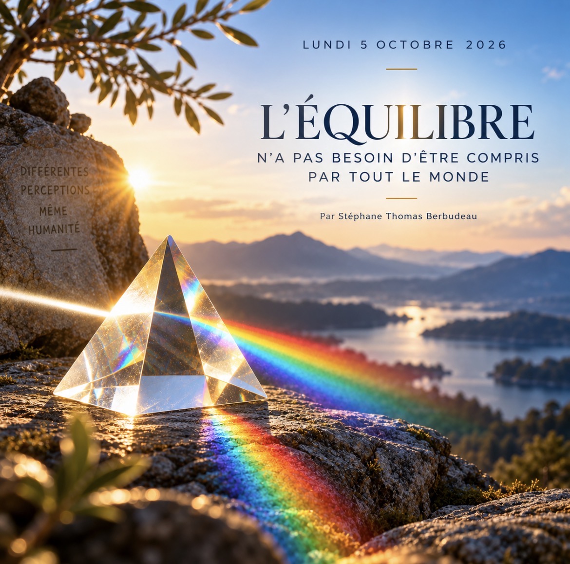 Un prisme de verre sépare un rayon de lumière en couleurs devant un paysage au soleil couchant