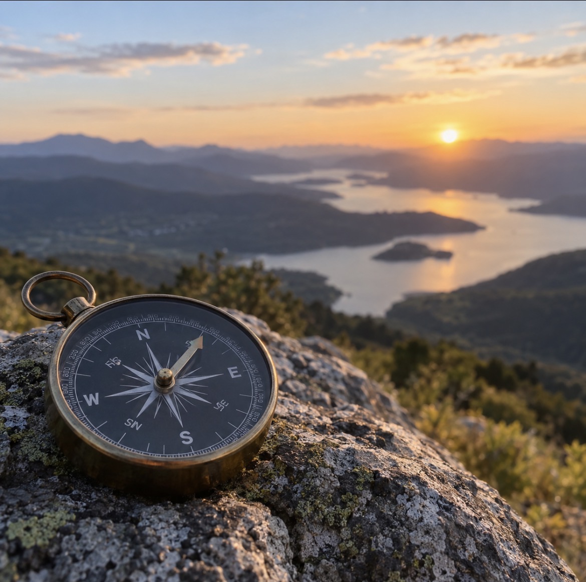 Une boussole posée sur un rocher devant un lac et des montagnes au soleil couchant