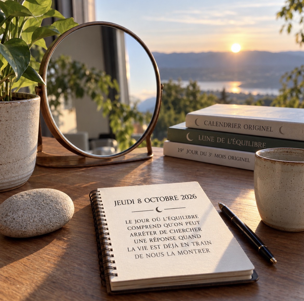 Un miroir et un carnet sur une table près d’une fenêtre donnant sur un paysage au soleil couchant