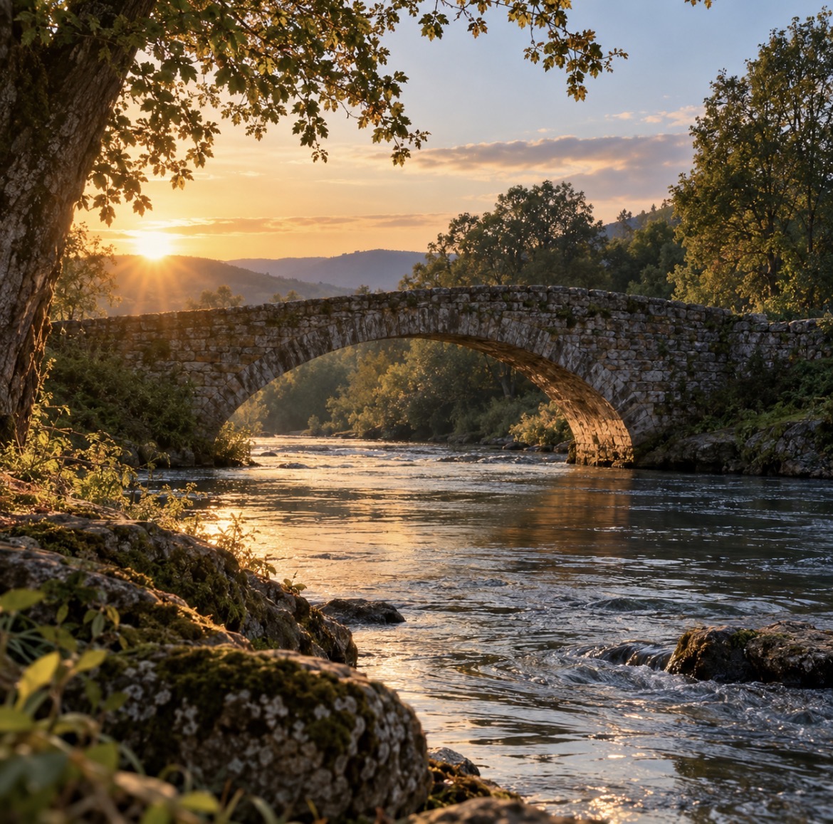 Un pont de pierre traversant une rivière dans un paysage naturel au soleil couchant