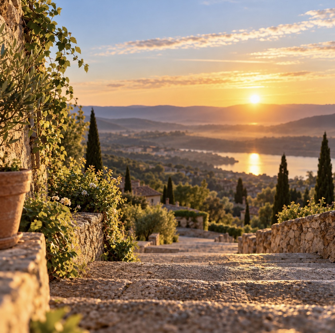 Un escalier de pierre bordé de végétation donnant sur un paysage au soleil couchant