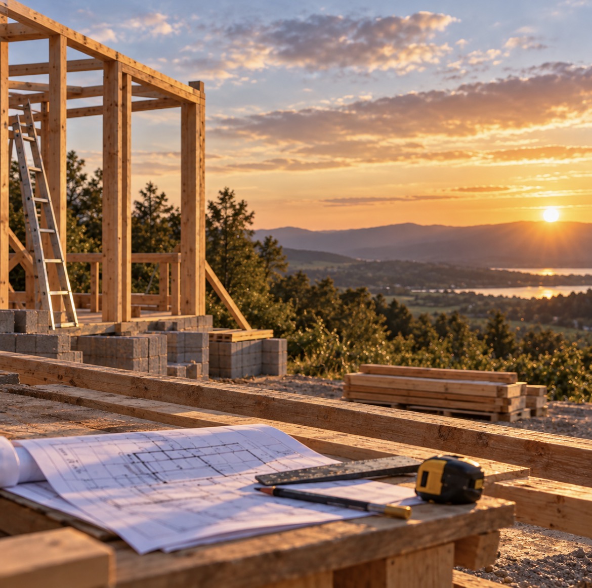 Un chantier de maison en bois avec des plans et des outils au premier plan, au soleil couchant