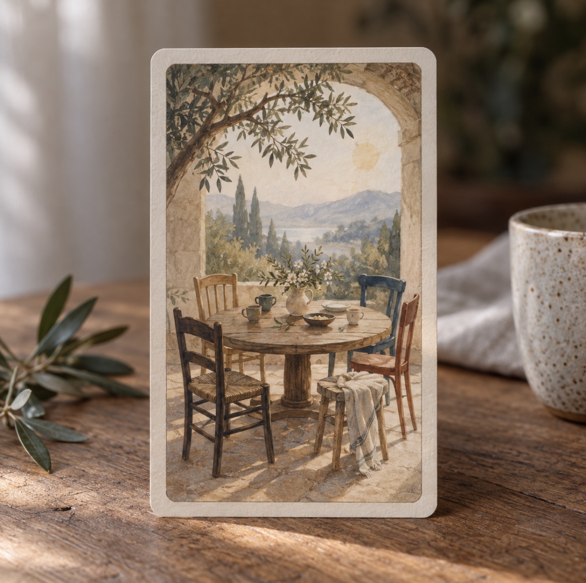 Une carte illustrée représentant une table ronde et des chaises différentes, posée sur une table en bois