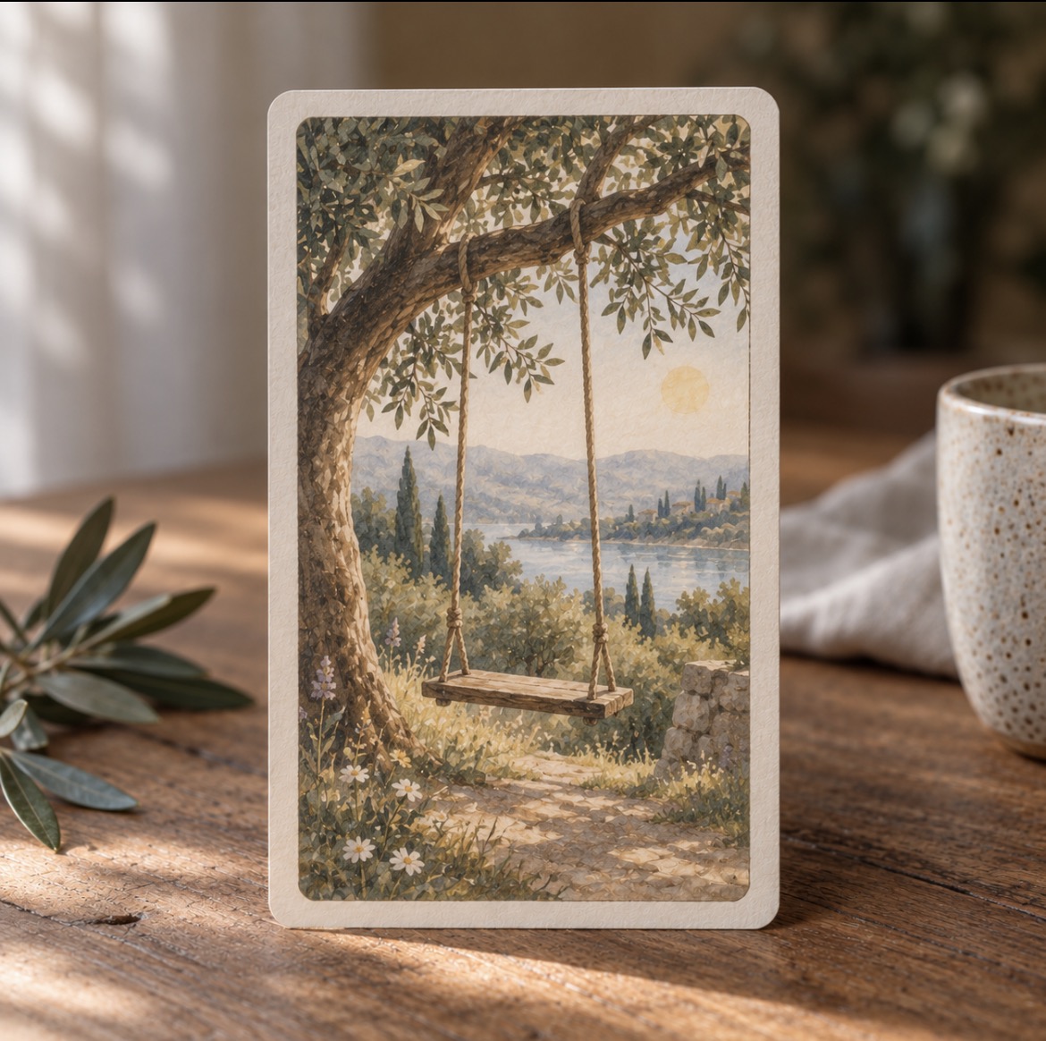 Une carte illustrée représentant une balançoire suspendue à un arbre, posée sur une table en bois