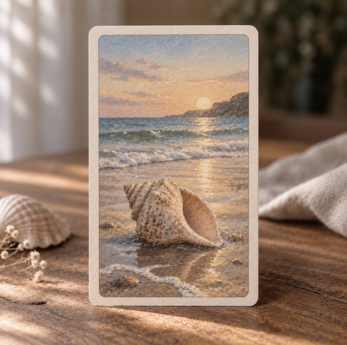 Une carte illustrée représentant un coquillage sur une plage, posée sur une table en bois