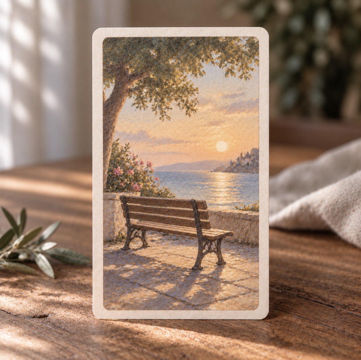 Une carte illustrée représentant un banc face à la mer, posée sur une table en bois