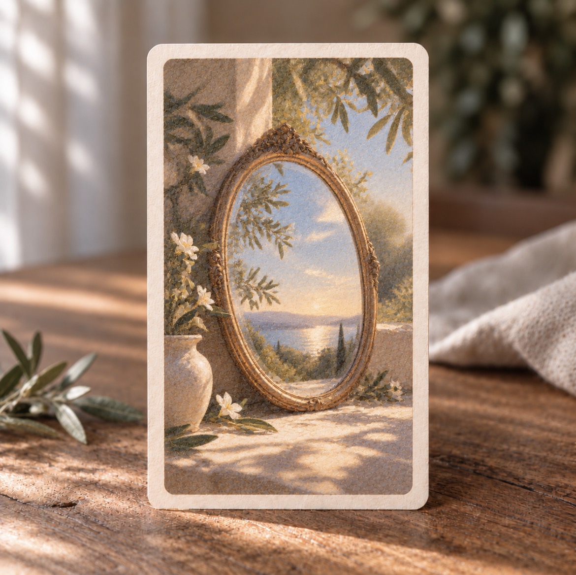 Une carte illustrée représentant un miroir ovale dans un décor naturel, posée sur une table en bois