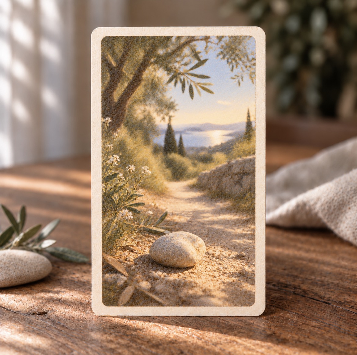 Une carte illustrée représentant un caillou sur un sentier, posée sur une table en bois