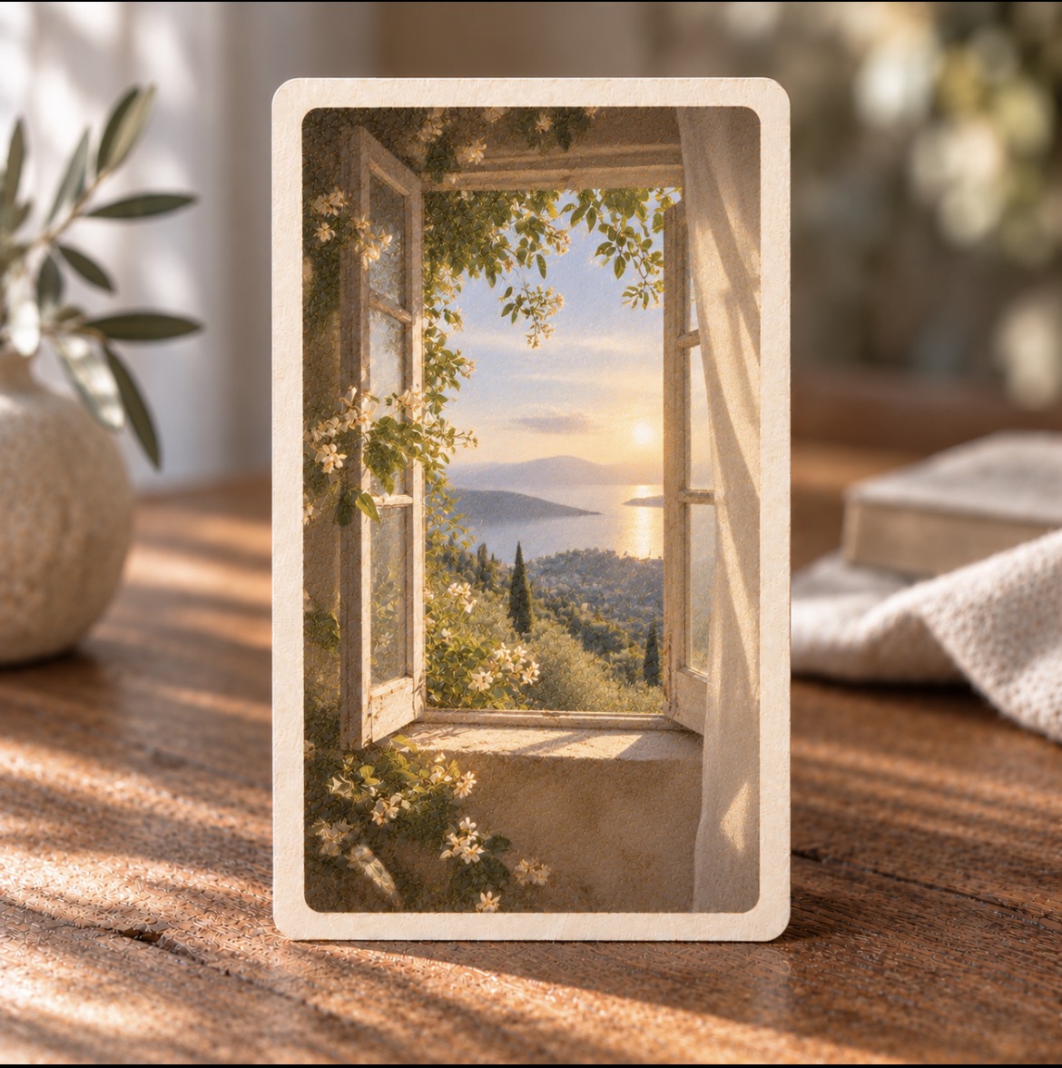 Une carte illustrée représentant une fenêtre ouverte sur un paysage, posée sur une table en bois