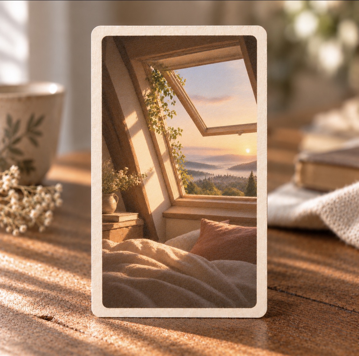 Une carte illustrée représentant une lucarne ouverte au-dessus d’un lit sur un paysage lumineux, posée sur une table en bois