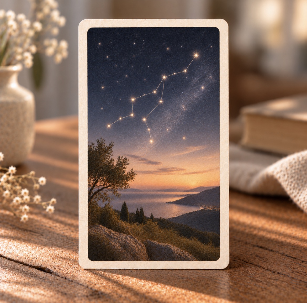Une carte illustrée représentant une constellation lumineuse au-dessus d’un paysage marin au crépuscule, posée sur une table en bois
