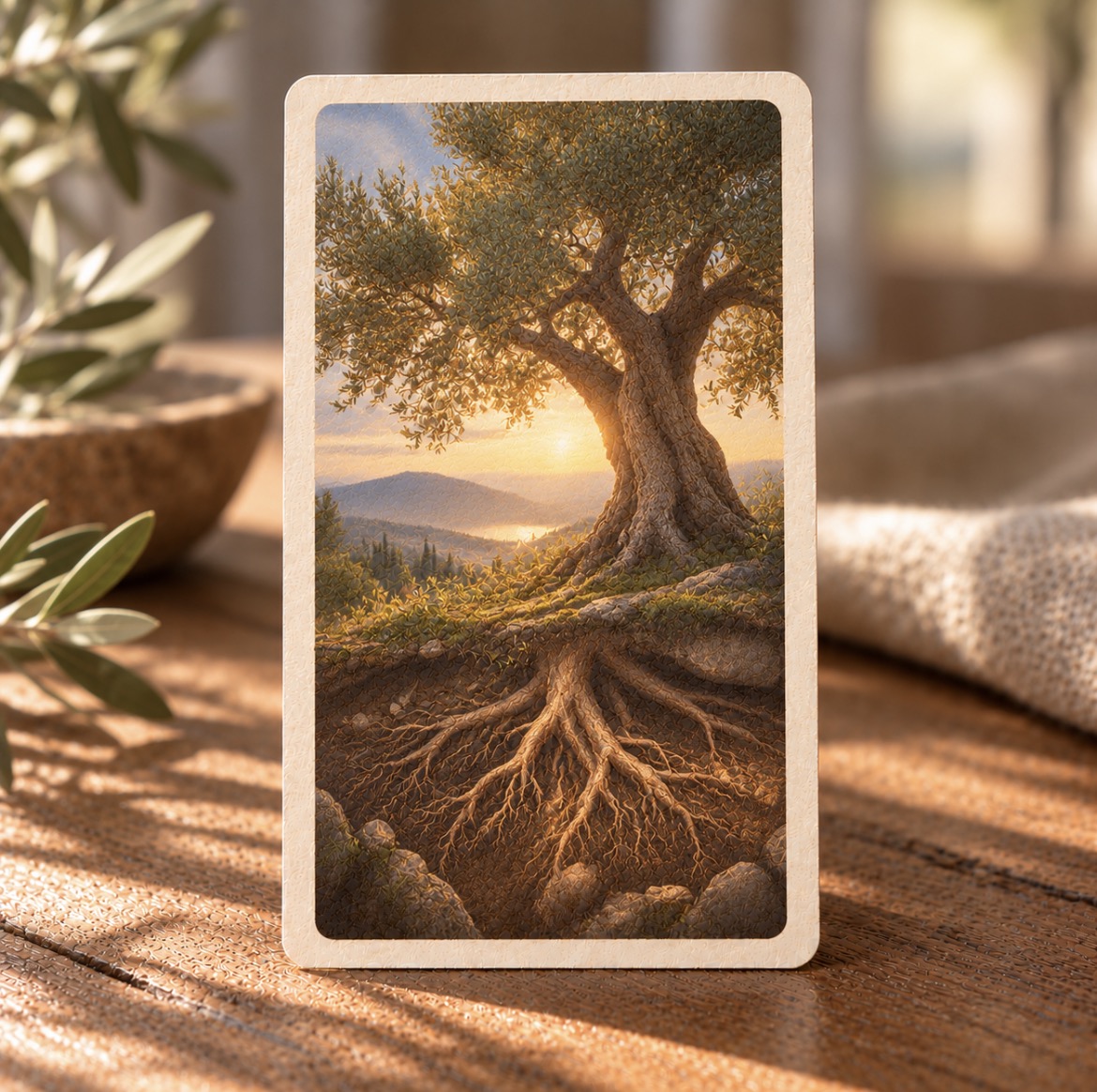 Une carte illustrée représentant un arbre et ses racines profondes dans une lumière dorée, posée sur une table en bois