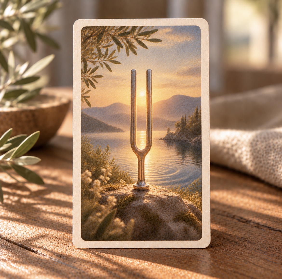 Une carte illustrée représentant un diapason devant un paysage au coucher du soleil, posée sur une table en bois