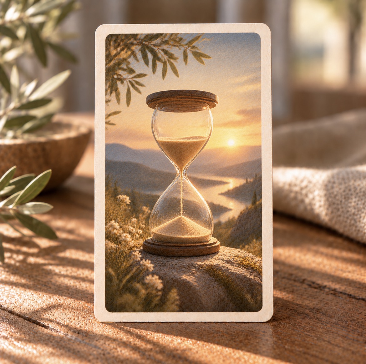 Une carte illustrée représentant un sablier dans un paysage au coucher du soleil, posée sur une table en bois