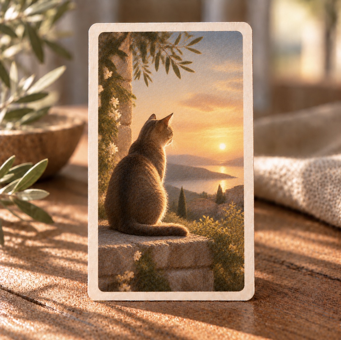 Une carte illustrée représentant un chat contemplant un paysage au coucher du soleil, posée sur une table en bois
