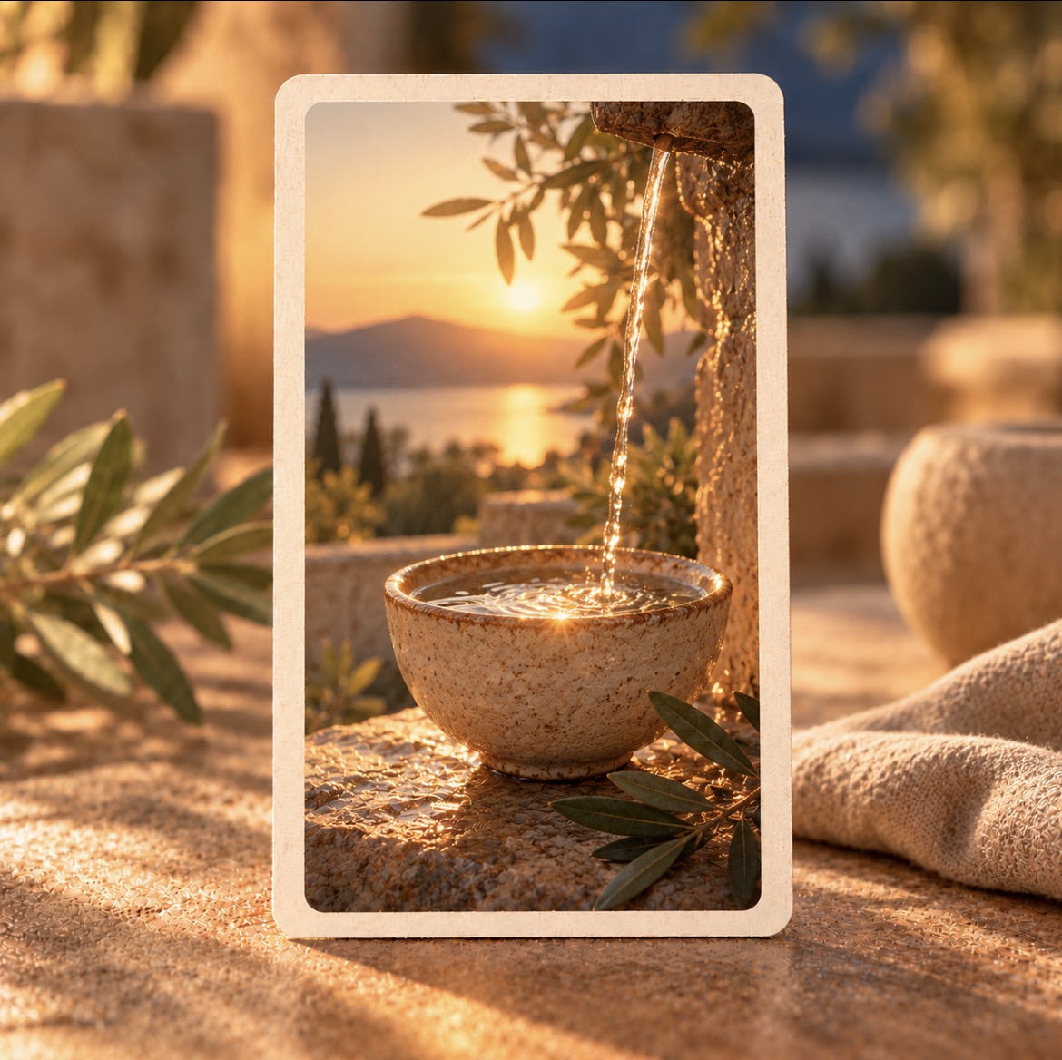Une carte illustrée représentant une coupe accueillant l’eau d’une fontaine au coucher du soleil