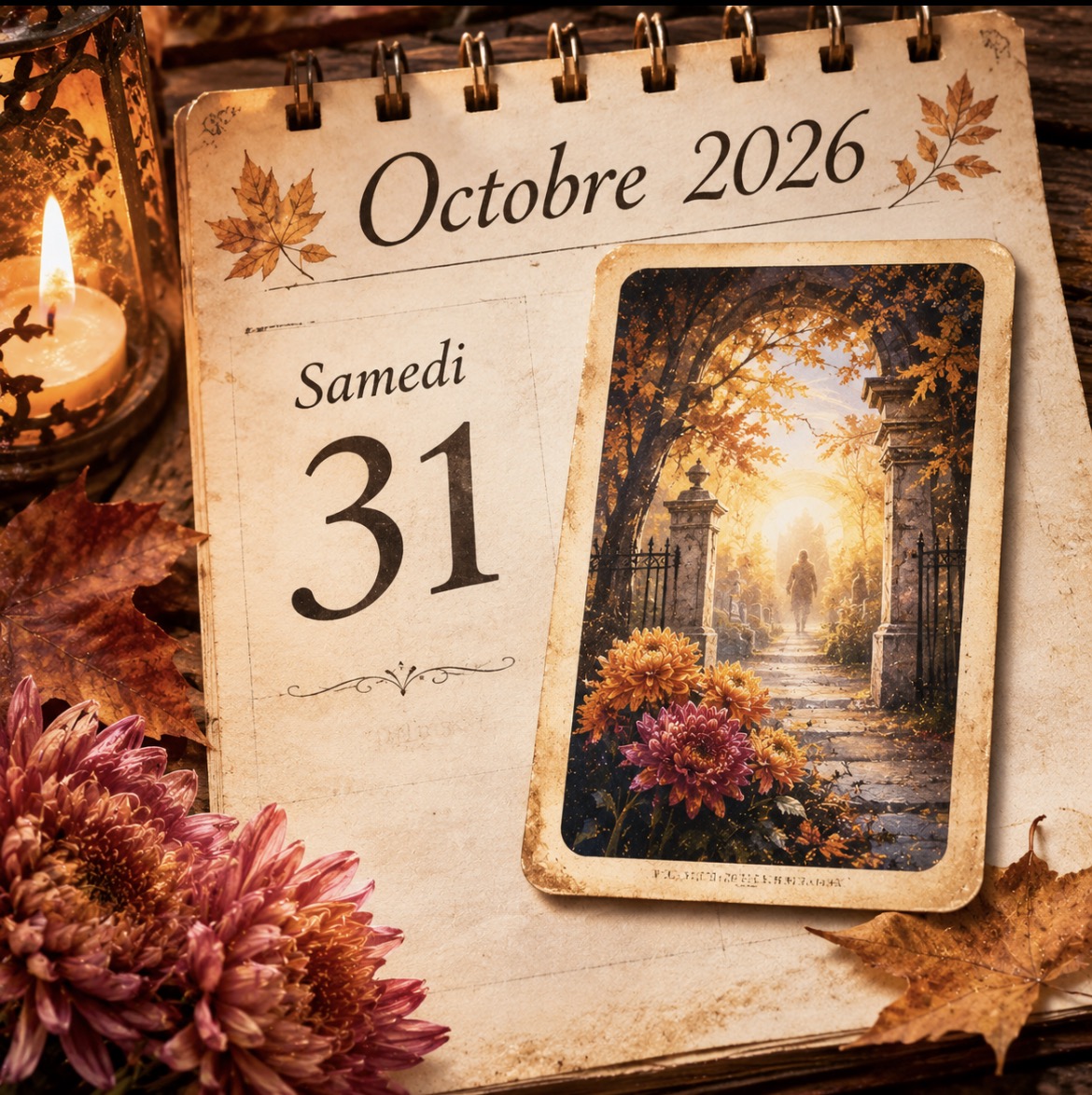 Un calendrier du 31 octobre 2026 accompagné d’une carte illustrée et de chrysanthèmes dans une ambiance automnale