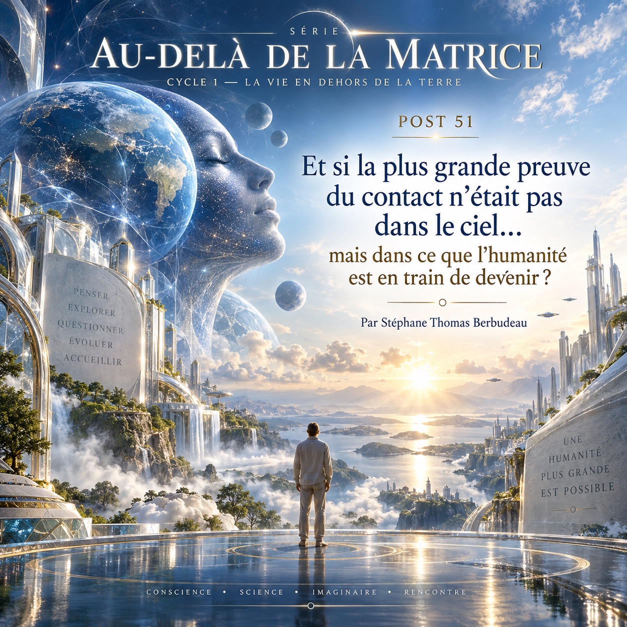 Post 51 d’Au-delà de la Matrice : un homme face à une cité lumineuse, sous un visage cosmique et la Terre, évoquant une humanité prête à la rencontre