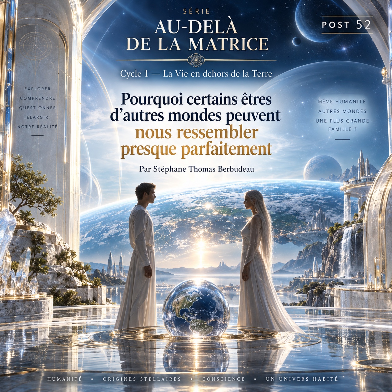 Post 52 d’Au-delà de la Matrice : deux êtres d’apparence humaine se font face autour d’un globe terrestre, dans une cité lumineuse ouverte sur les étoiles