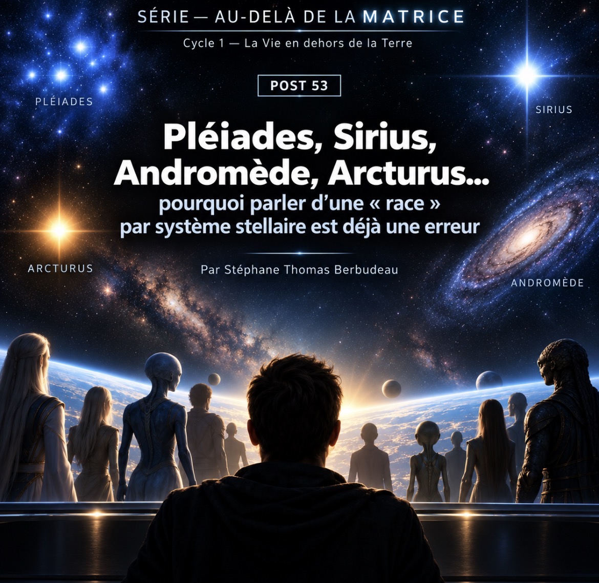 Post 53 d’Au-delà de la Matrice : différentes silhouettes contemplent un ciel étoilé illustrant les Pléiades, Sirius, Andromède et Arcturus