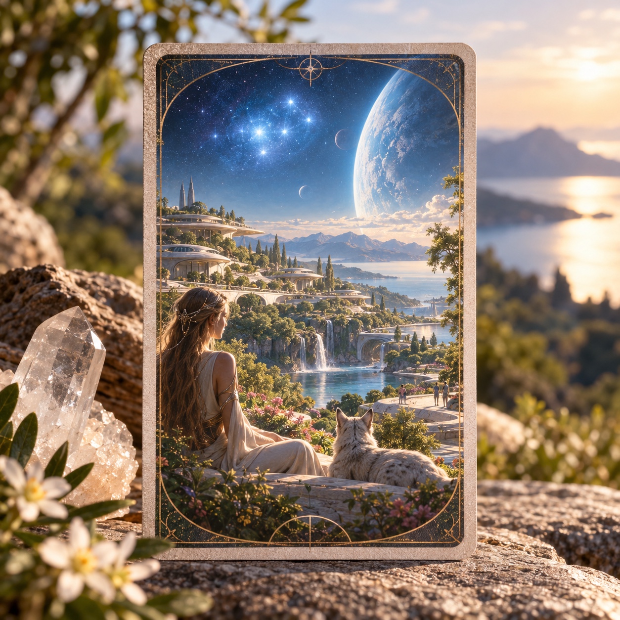 Carte illustrée de Taygeta posée dans un paysage naturel : une femme et un félin contemplent des habitations intégrées à la végétation, des cascades et un ciel étoilé