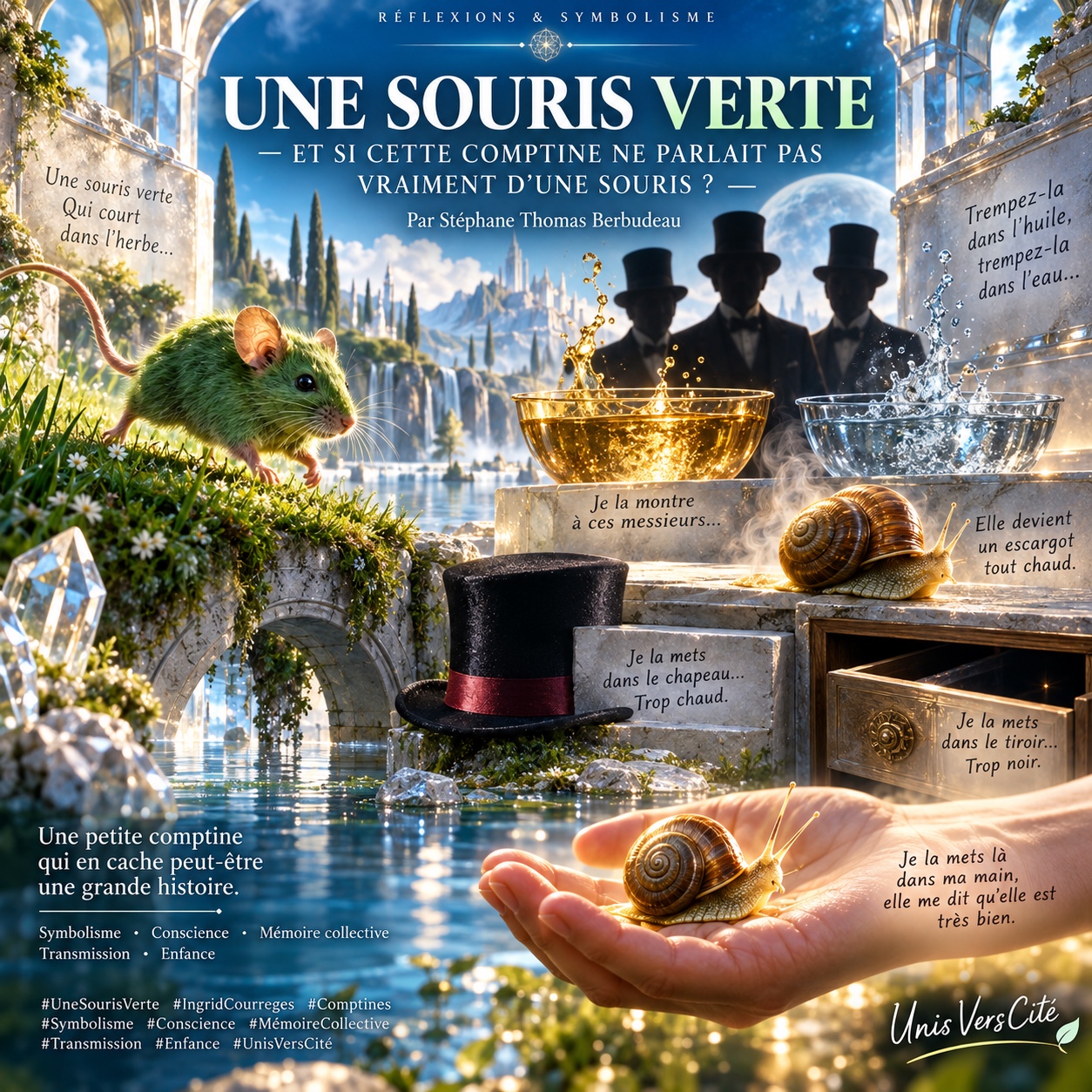 Une souris verte dans l’herbe, trois silhouettes en chapeau, des coupes d’huile et d’eau et un escargot dans une main illustrent les étapes symboliques de la comptine.