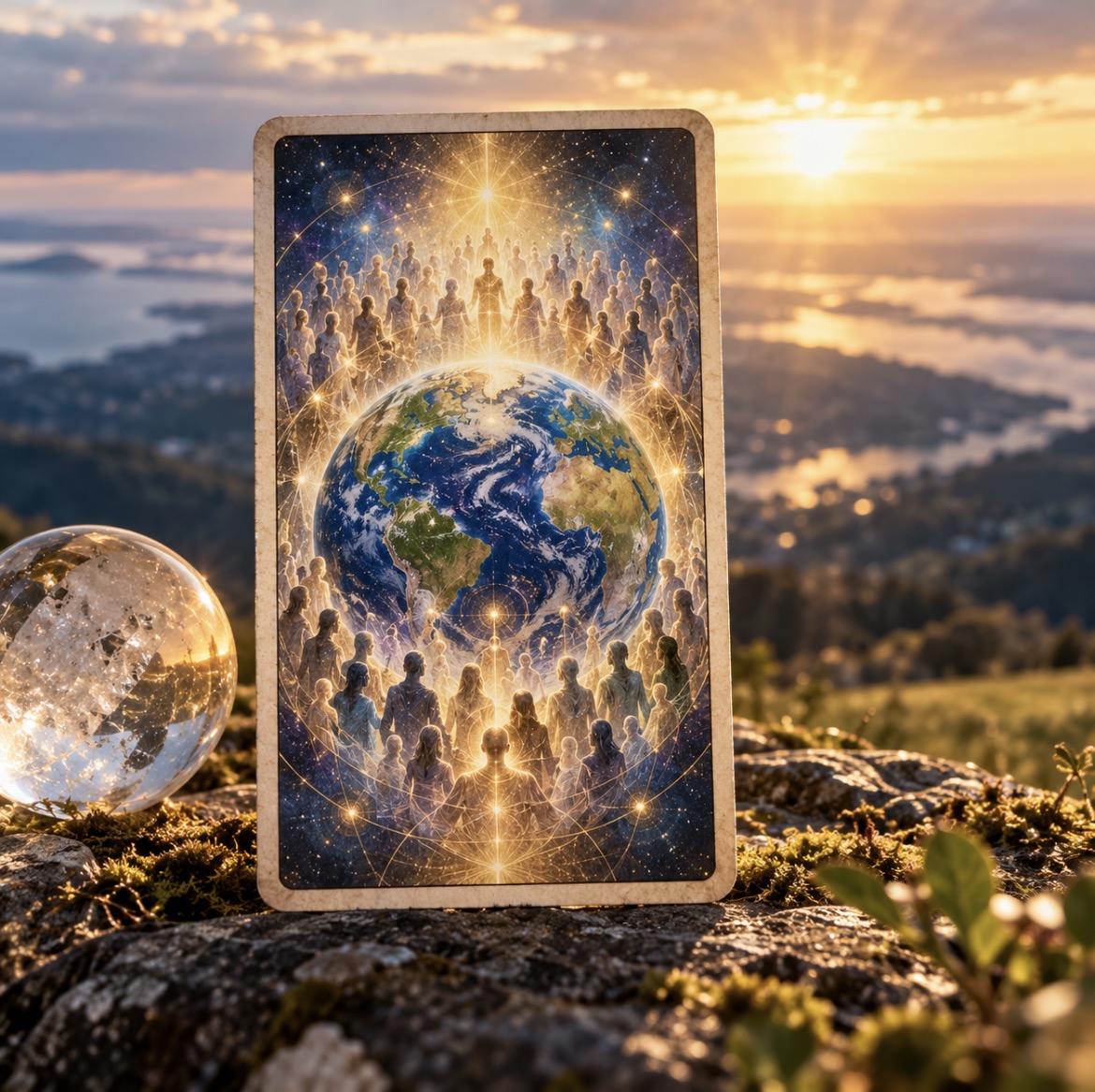 Carte d’oracle représentant la Terre entourée de figures humaines reliées par une lumière dorée, posée dans un paysage naturel au coucher du soleil.