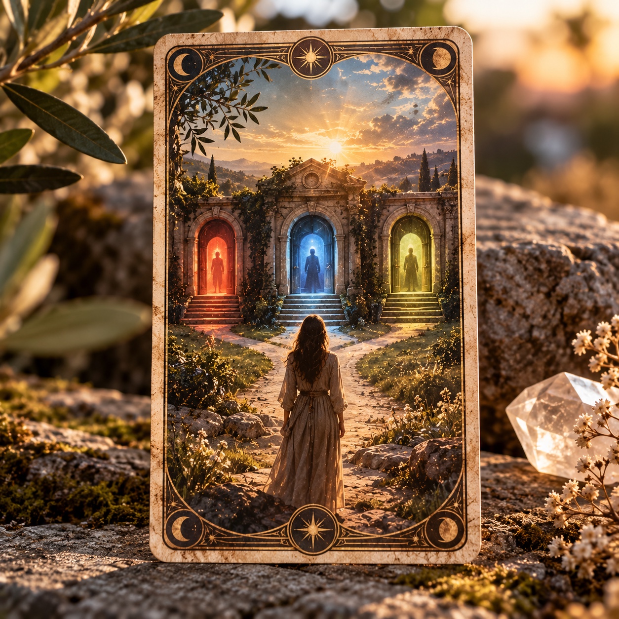 Carte d’oracle représentant une femme devant trois portes colorées rouge, bleue et verte, posée sur une pierre dans une lumière naturelle dorée.