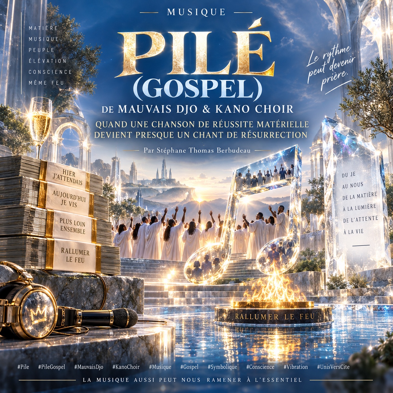 Visuel bleu et or de Pilé Gospel : un chœur, une note de musique lumineuse et un brasier symbolisant le feu intérieur dans une cité de cristal.
