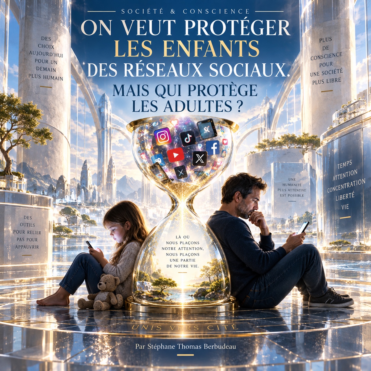 Une enfant et un adulte absorbés par leur téléphone, de part et d’autre d’un sablier contenant les réseaux sociaux, dans une cité lumineuse.