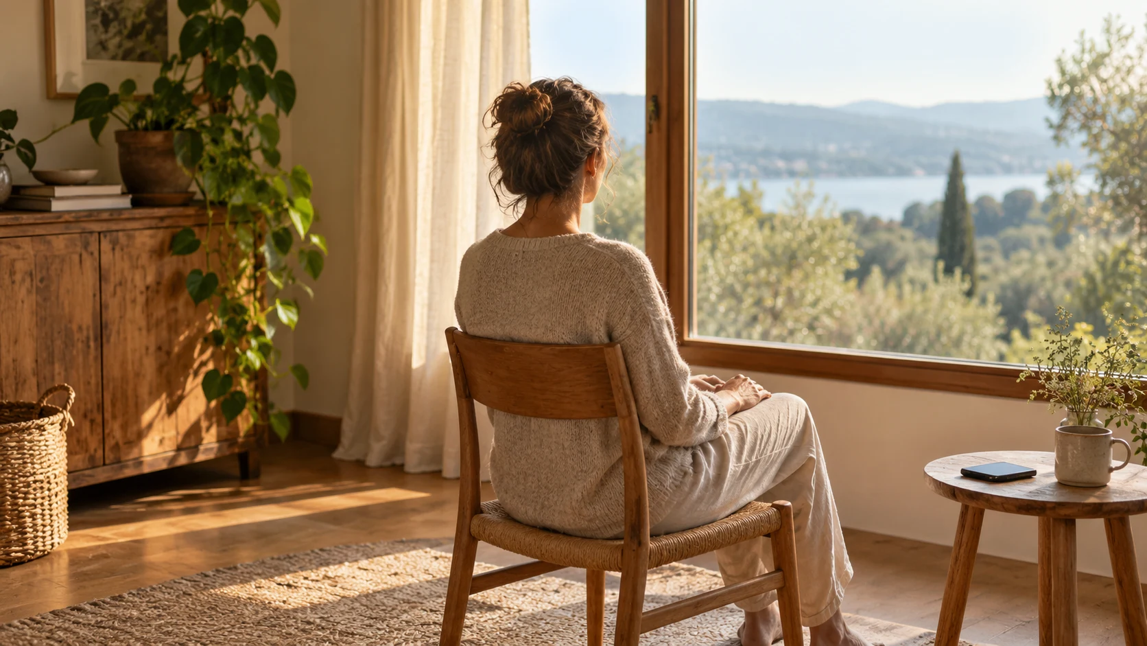 Une personne vue de dos fait une pause près d’une fenêtre, un téléphone laissé sur une table à distance.